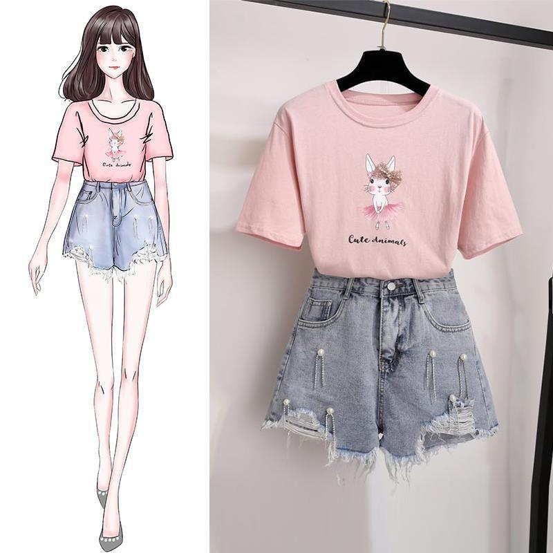 Short-Sleeve Round Neck Cartoon Print T-Shirt / High Waist Washed Faux Pearl Distressed Denim Shorts / Set Product Image