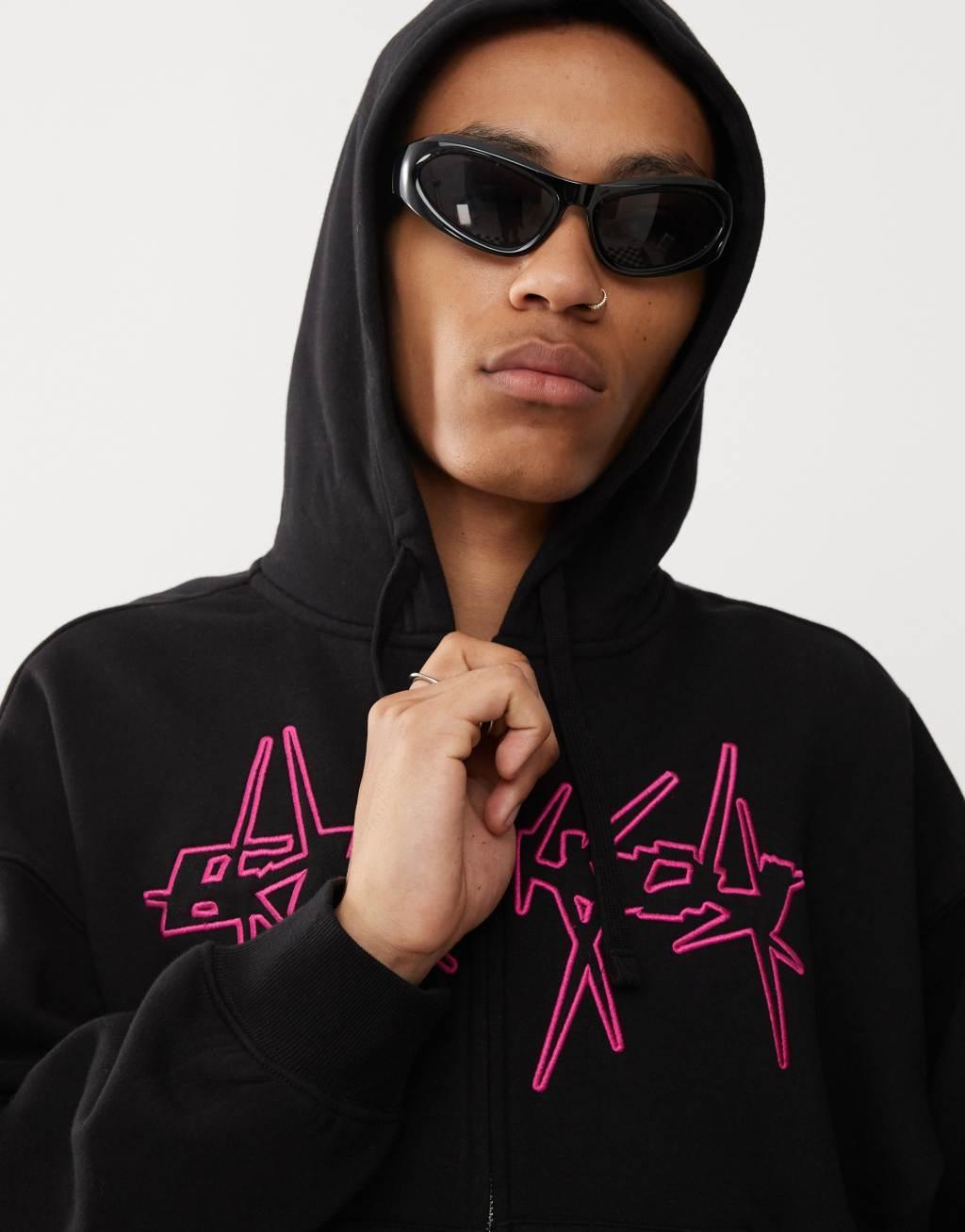 Weekday oversized zip through hoodie with spikey embroidered graphic in black Product Image
