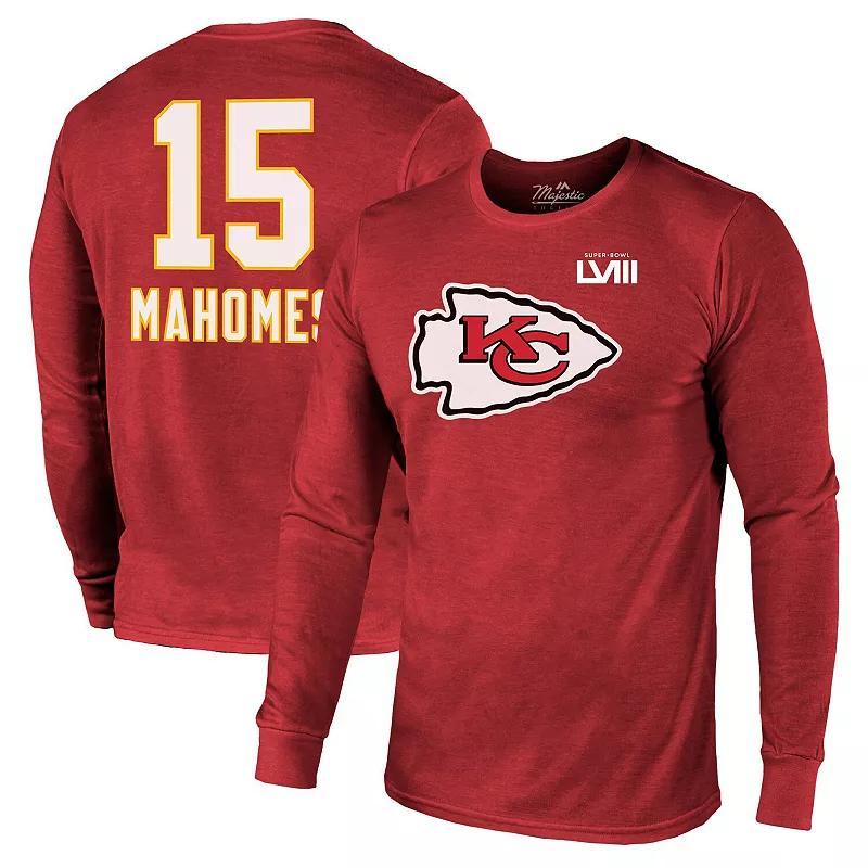 Mens Majestic Threads Patrick Mahomes Kansas City Chiefs Super Bowl LVIII Name & Number Tri-Blend Long Sleeve T-Shirt Product Image