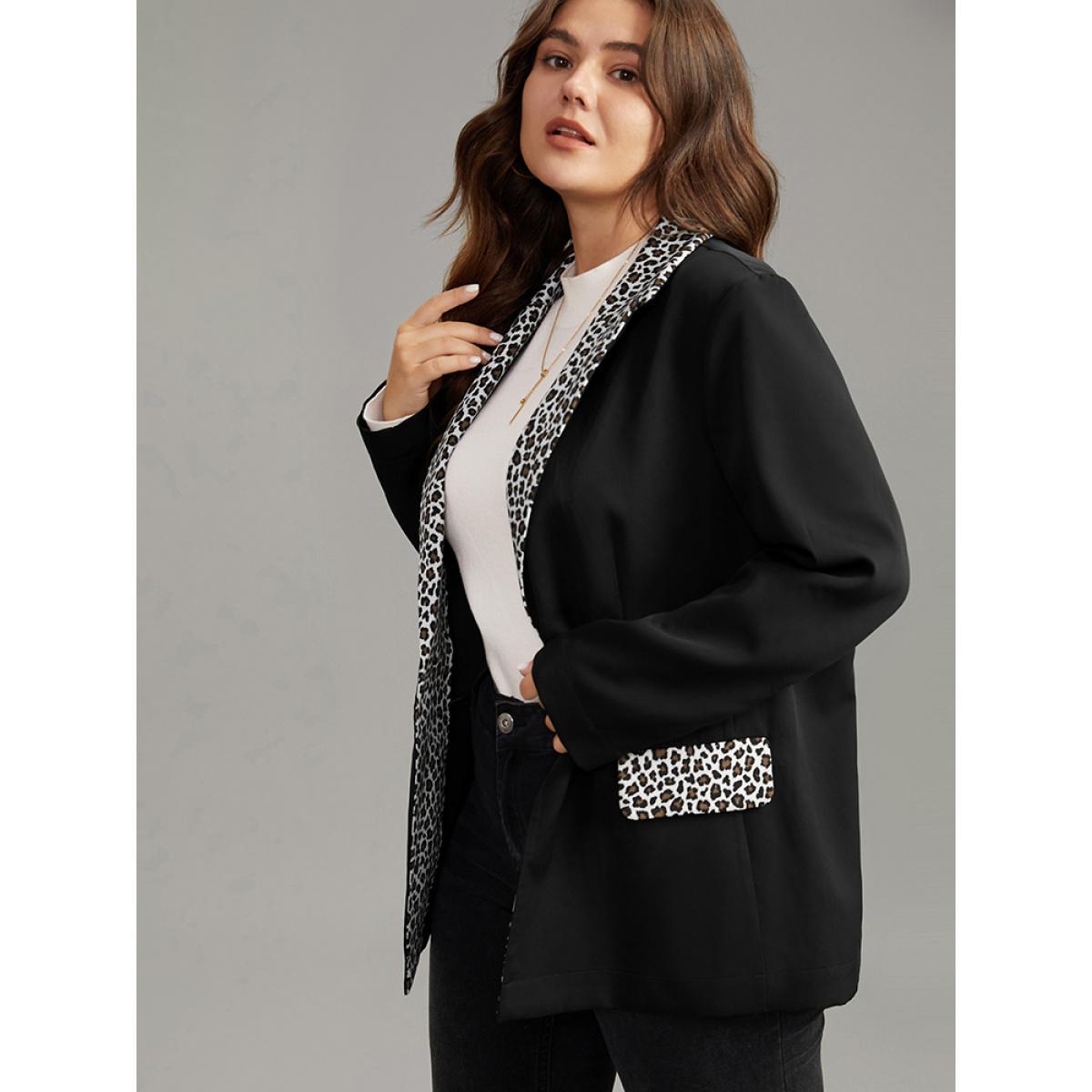 Plus Size Leopard Patchwork Contrast Blazer Black Women Work Leopard Contrast Sleeve Long Sleeve Suit Collar 28/5X Pocket At the Office Blazers BloomChic Product Image