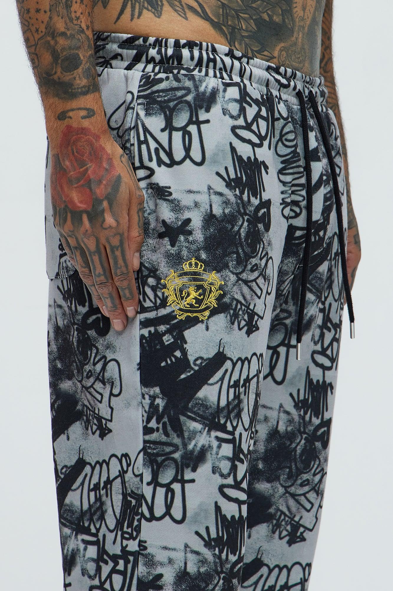 Vandal Straight Graffiti Sweatpants - Grey Product Image