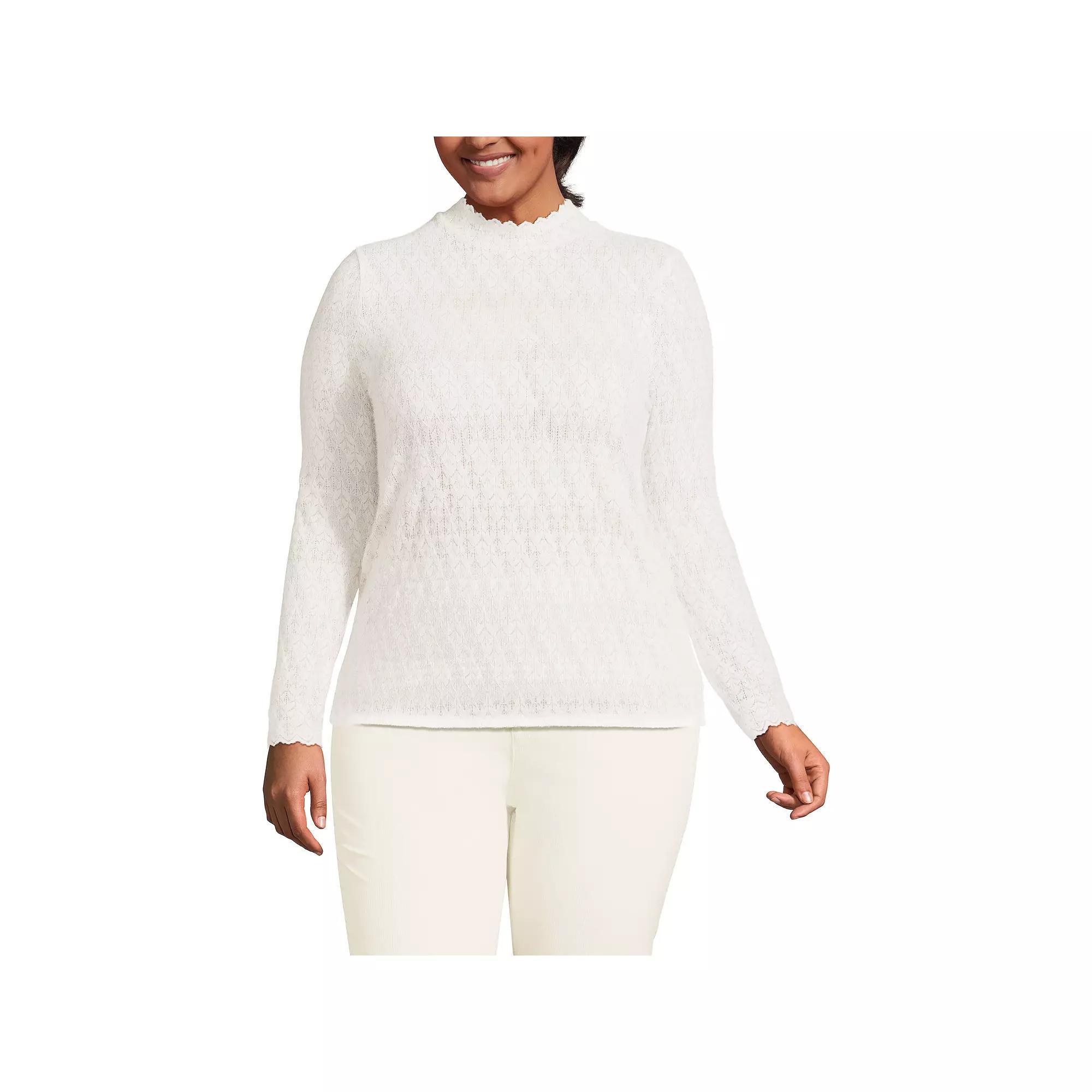 Plus Size Lands' End Long Sleeve Brushed Lace Mockneck Top, Women's, Size: 3XL, Eggshell White Product Image