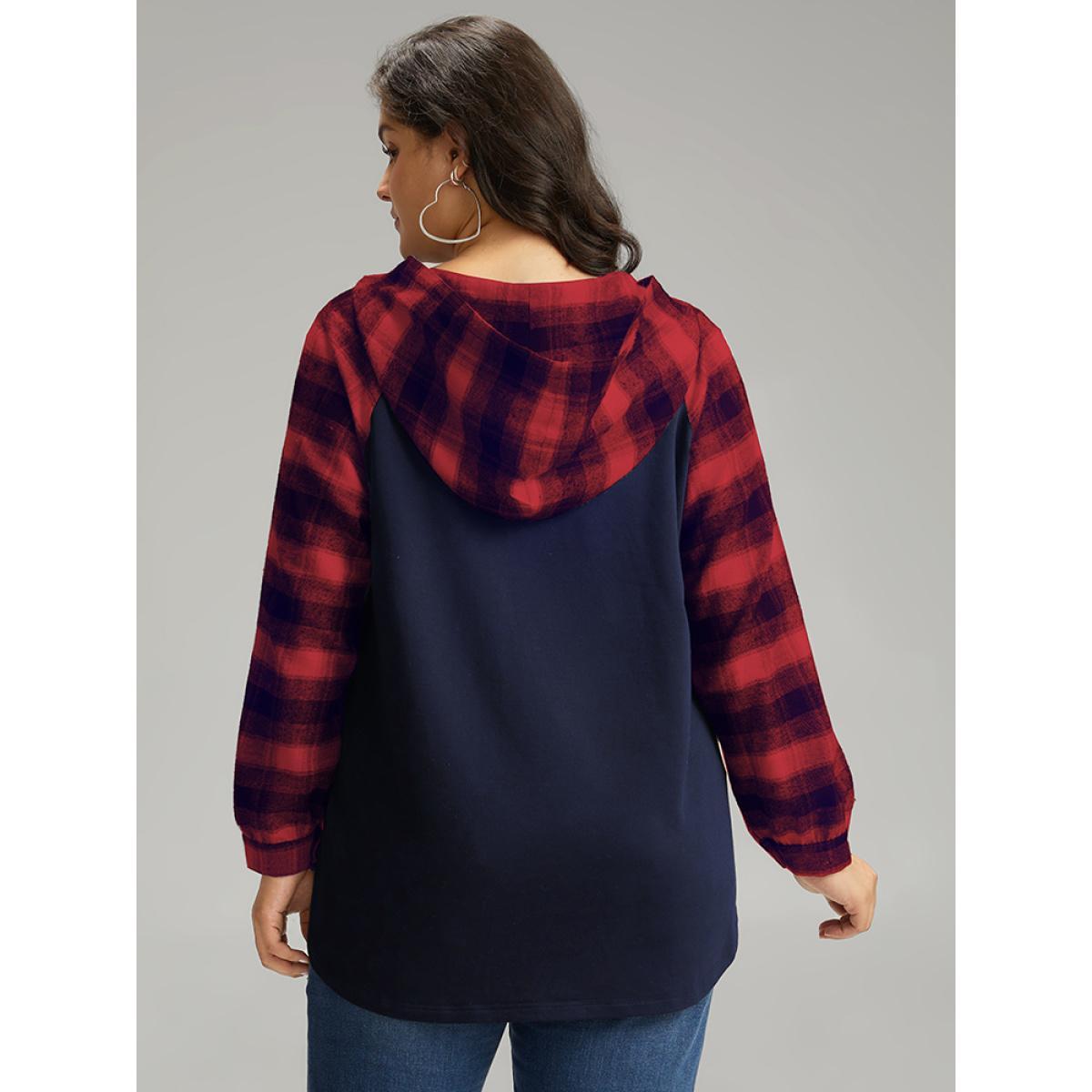 Plus Size Plaid Print Hooded Patchwork Sweatshirt Women Midnight Casual Patchwork Hooded Everyday Sweatshirts BloomChic 10/M Product Image