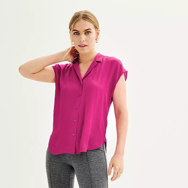 Women's Petite Nine West Short Sleeve Easy Lapel Shirt, Size: XXL Petite, Black Product Image