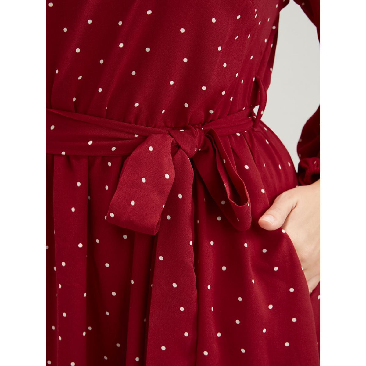Plus Size Polka Dot Keyhole Round Neck Pocket Belted Ruffle Dress Scarlet Women Elegant Belted Round Neck Long Sleeve Curvy Long Dress BloomChic 14-16/1X Product Image