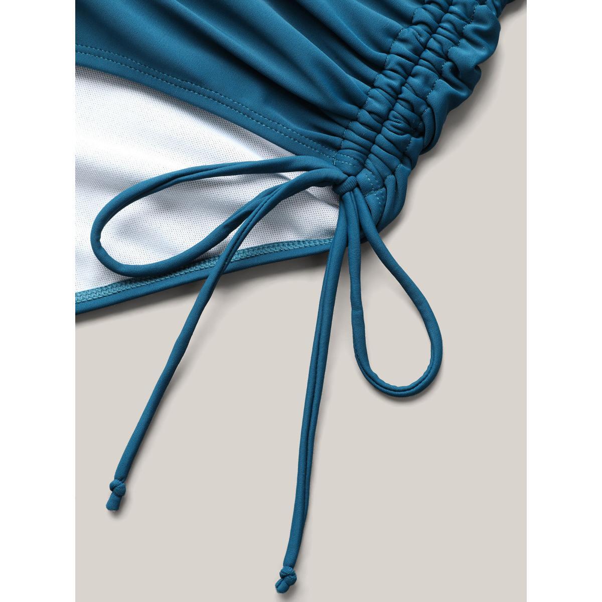 Plus Size Contrast Webbing Drawstring Gathered One-Piece Swimsuit Women's Swimwear Teal Beach Woven ribbon&lace trim Curve Bathing Suits High stretch One Pieces BloomChic 12/L Product Image