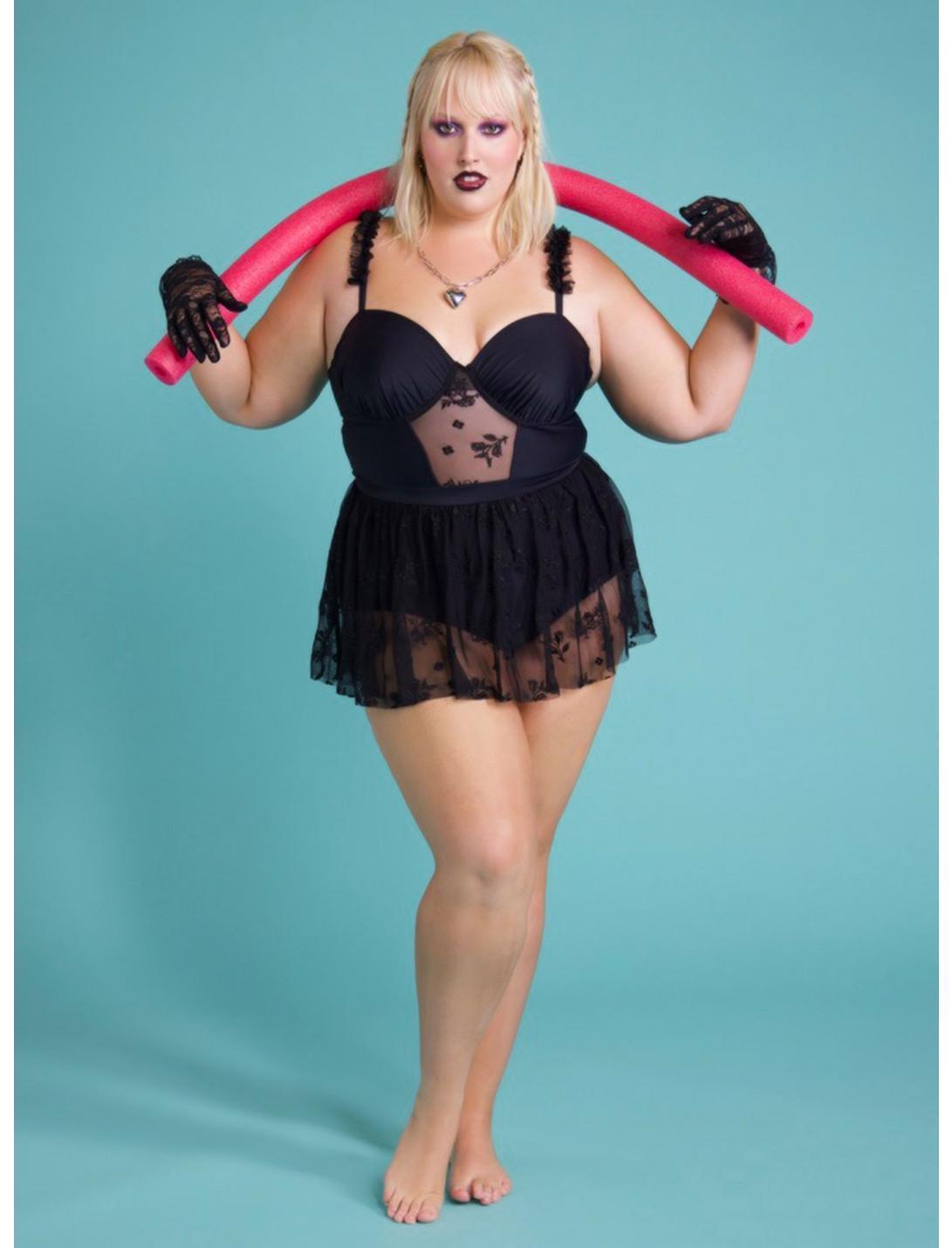 Black Rose Mesh Skirted Swimsuit Plus Size Product Image
