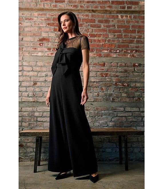 JS Collections Illusion Mock Neck Bow Front Short Sleeve Wide Leg Crepe Jumpsuit Product Image