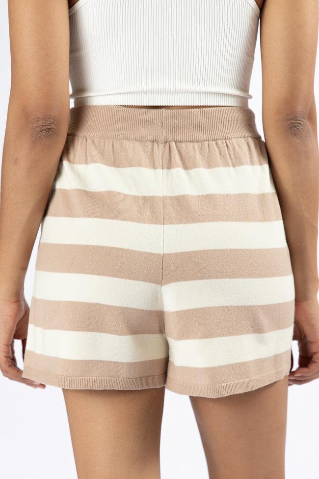 Pulling Heartstrings Taupe And Cream Striped Knit Shorts FINAL SALE Product Image
