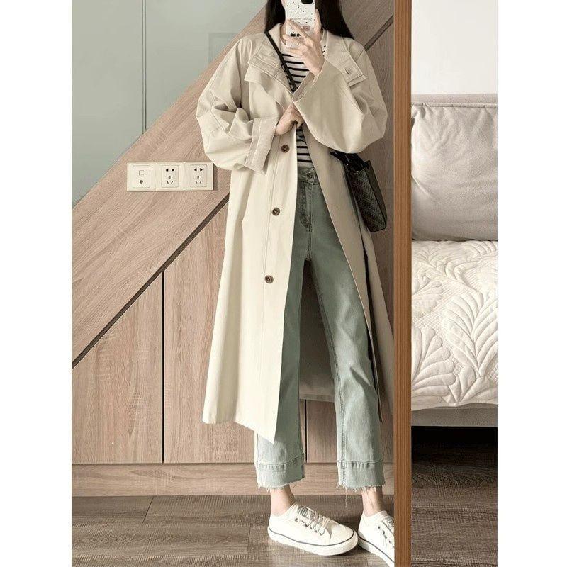 Stand Collar Plain Single Breasted Long Trench Coat Product Image