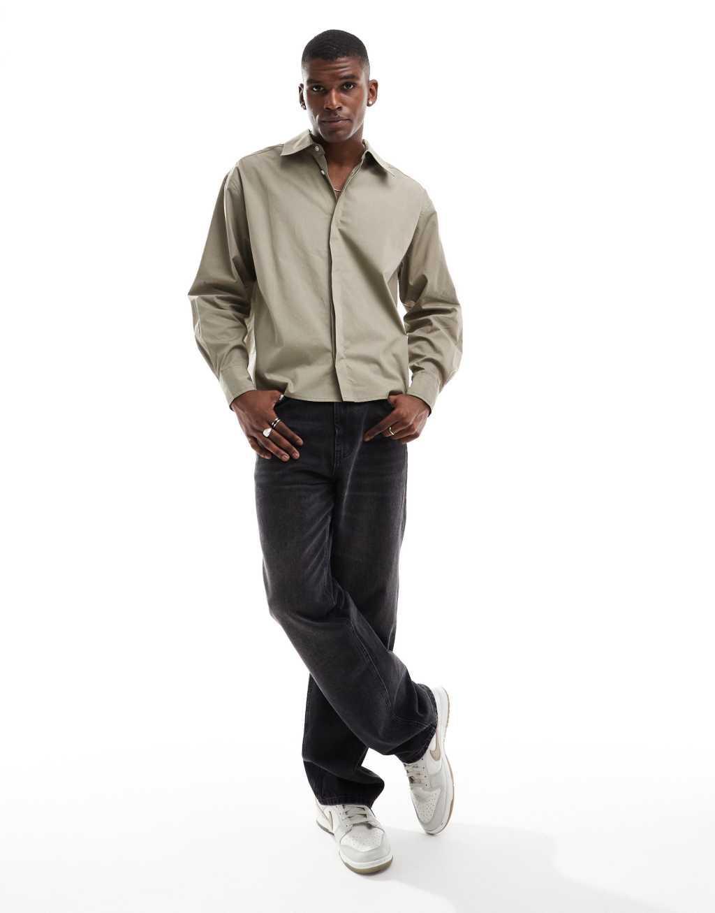 ASOS DESIGN oversized boxy shirt with 70s collar in brown check  Product Image