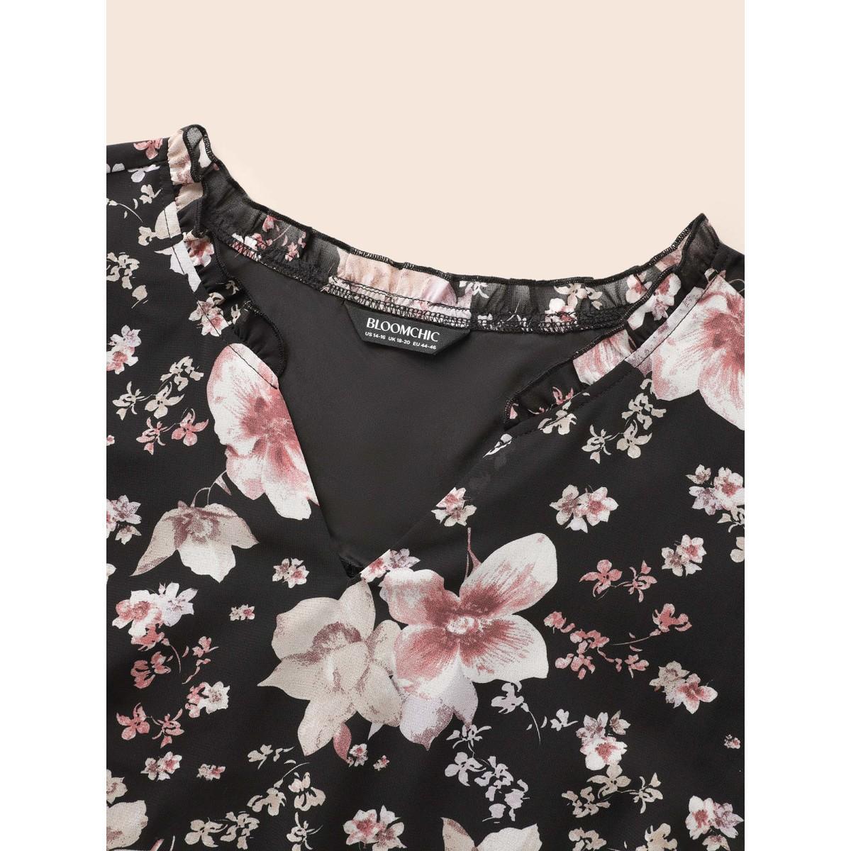 Plus Size Black Chiffon Floral Notched Ruffle Trim Blouse Women Elegant Long Sleeve Notched collar Everyday Blouses BloomChic 30/6X Product Image