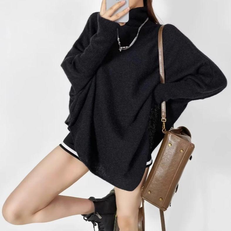 Batwing-Sleeve High Neck Plain Sweater Product Image