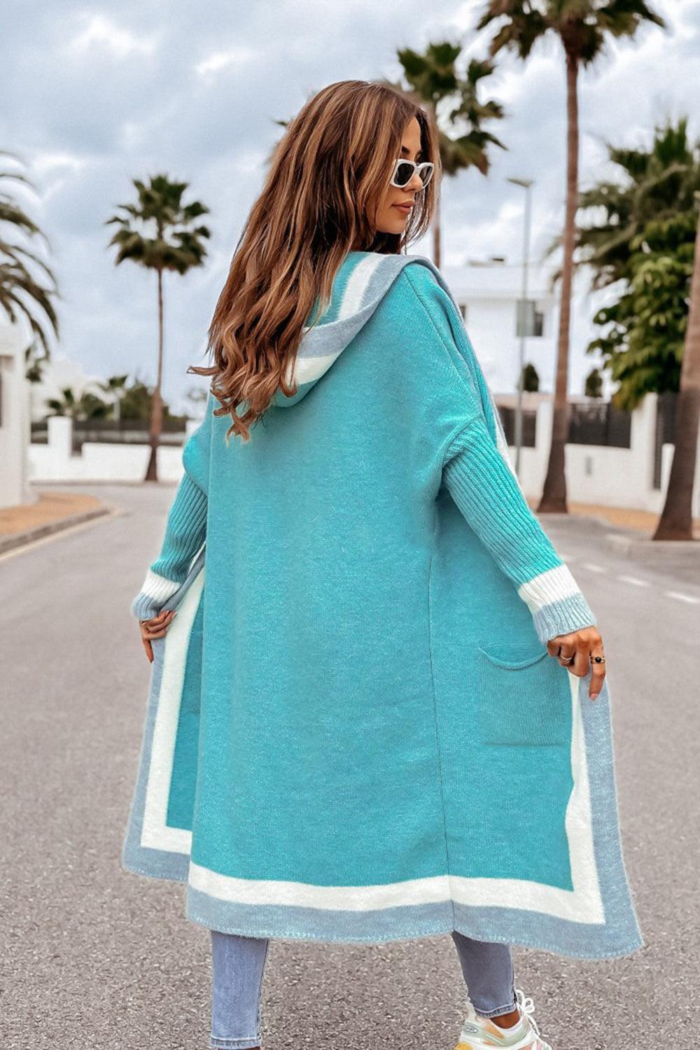 Pocketed Contrast Long Sleeve Hooded Cardigan Product Image