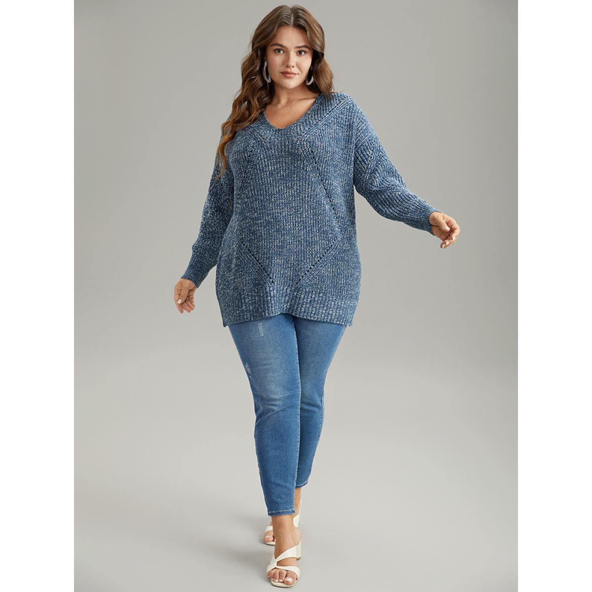 Plus Size Heather Elastic Cuffs Cut Out Pullover Stone Women Casual Loose Long Sleeve V-neck Dailywear Pullovers BloomChic 14-16/1X Product Image