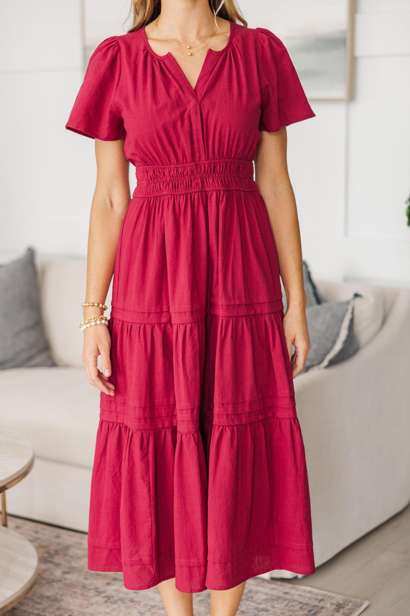 NURSING COLLECTION: It's In The Air Burgundy Red Tiered Midi Dress Female Product Image
