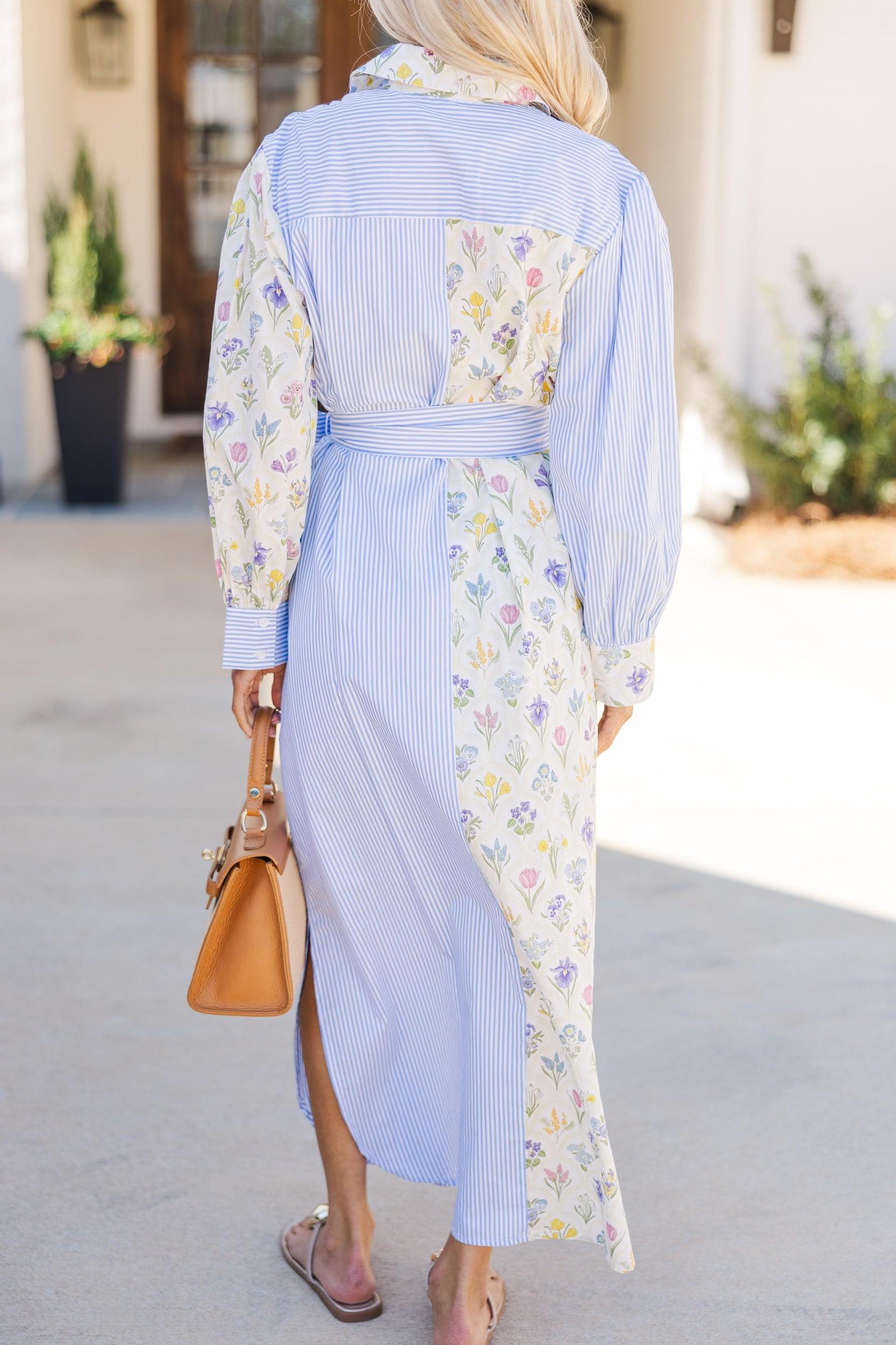 Just A Reminder Blue Mixed Print Midi Dress Female Product Image