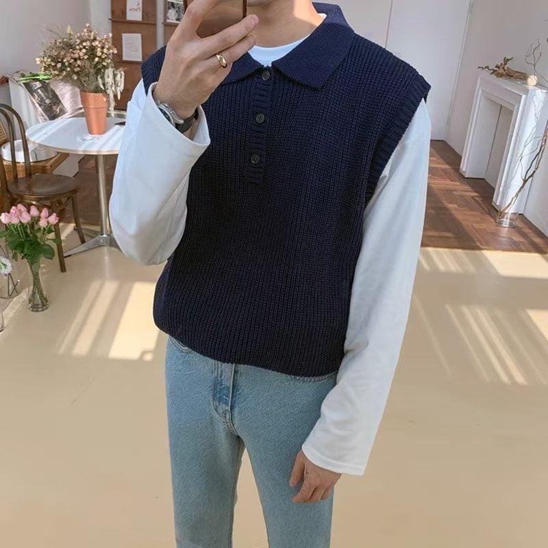 Polo Collar Plain Knitted Sweater Vest Product Image