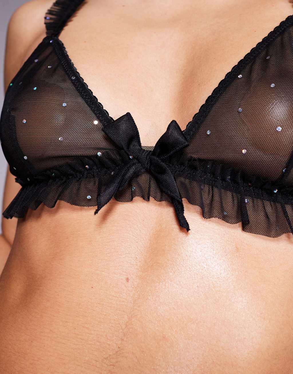 ASOS DESIGN Yasmin glitter triangle bra and Brazilian set in black Product Image