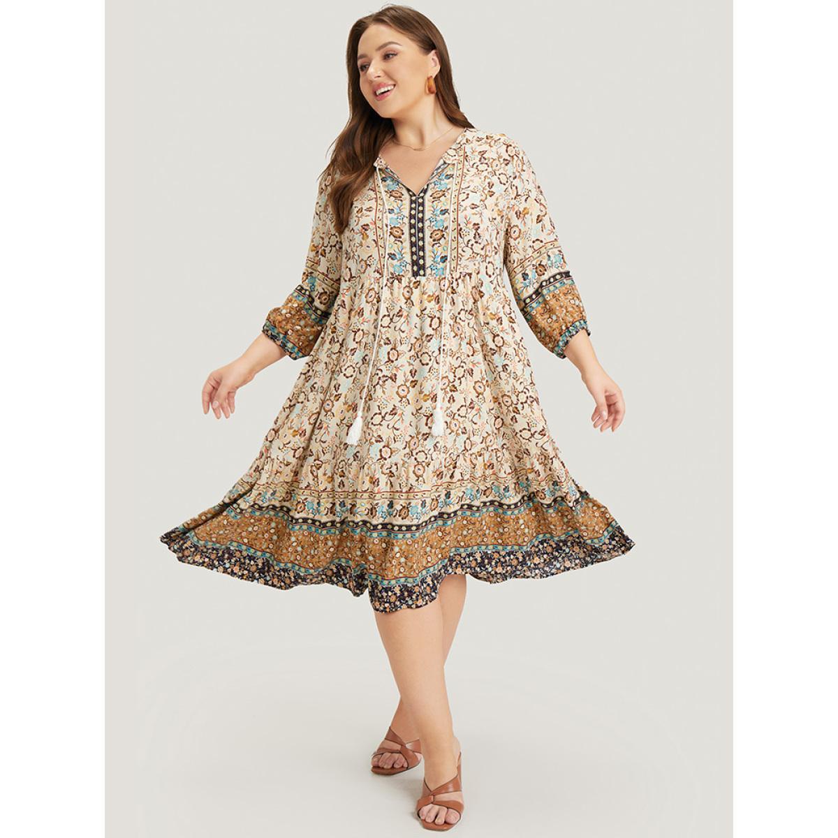 Plus Size Bandana Tassels Ties Neck Pocket Ruffle Hem Dress Indigo Women Vacation Tassels Tie Neck Elbow-length sleeve Curvy Midi Dress BloomChic 28/5X Product Image