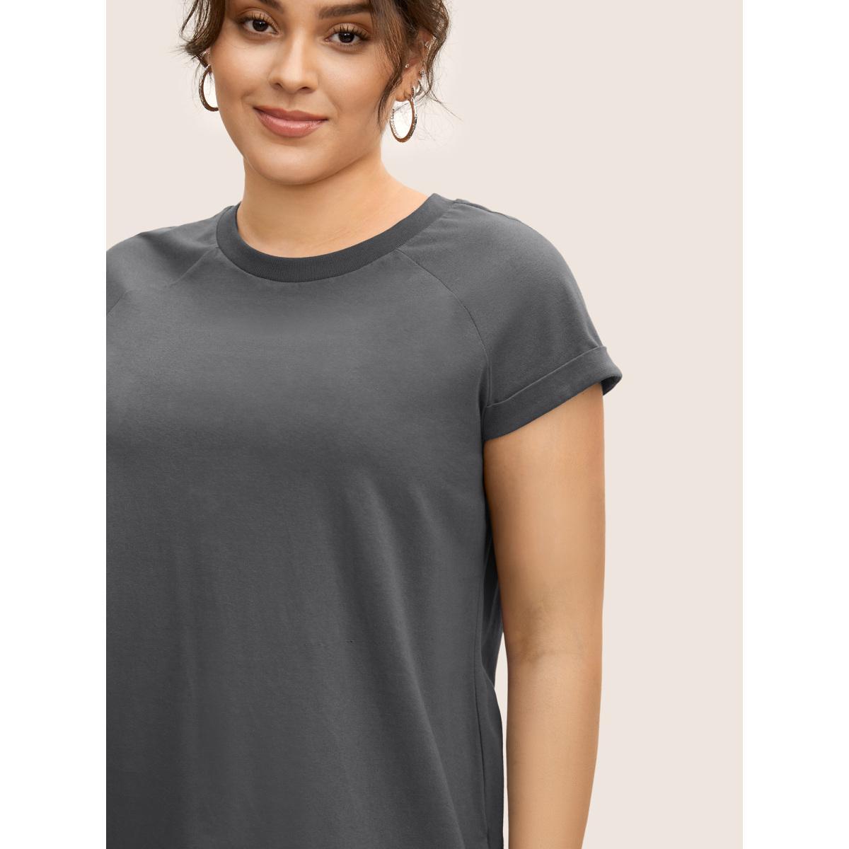 Plus Size Cotton Solid Crew Neck Roll Sleeve T-shirt DimGray Women Casual Roll Hem Round Neck Everyday T-shirts BloomChic 14-16/1X Product Image
