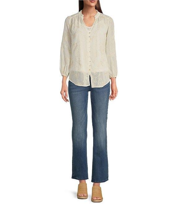 Figueroa & Flower Petite Size Embriordered Ruffle Split-V-Neck Long Sleeve Button-Front Top Product Image
