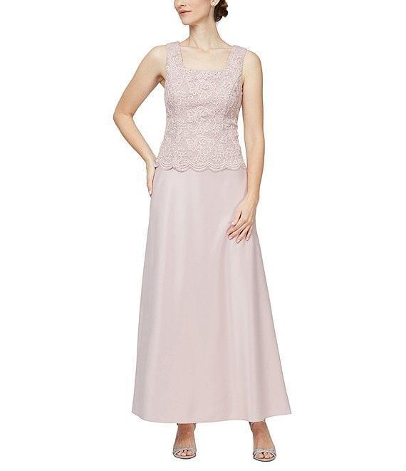 Alex Evenings Glitter Lace 3/4 Sleeve Square Neck Scallop Hem Bodice 2-Piece Jacket Gown Product Image