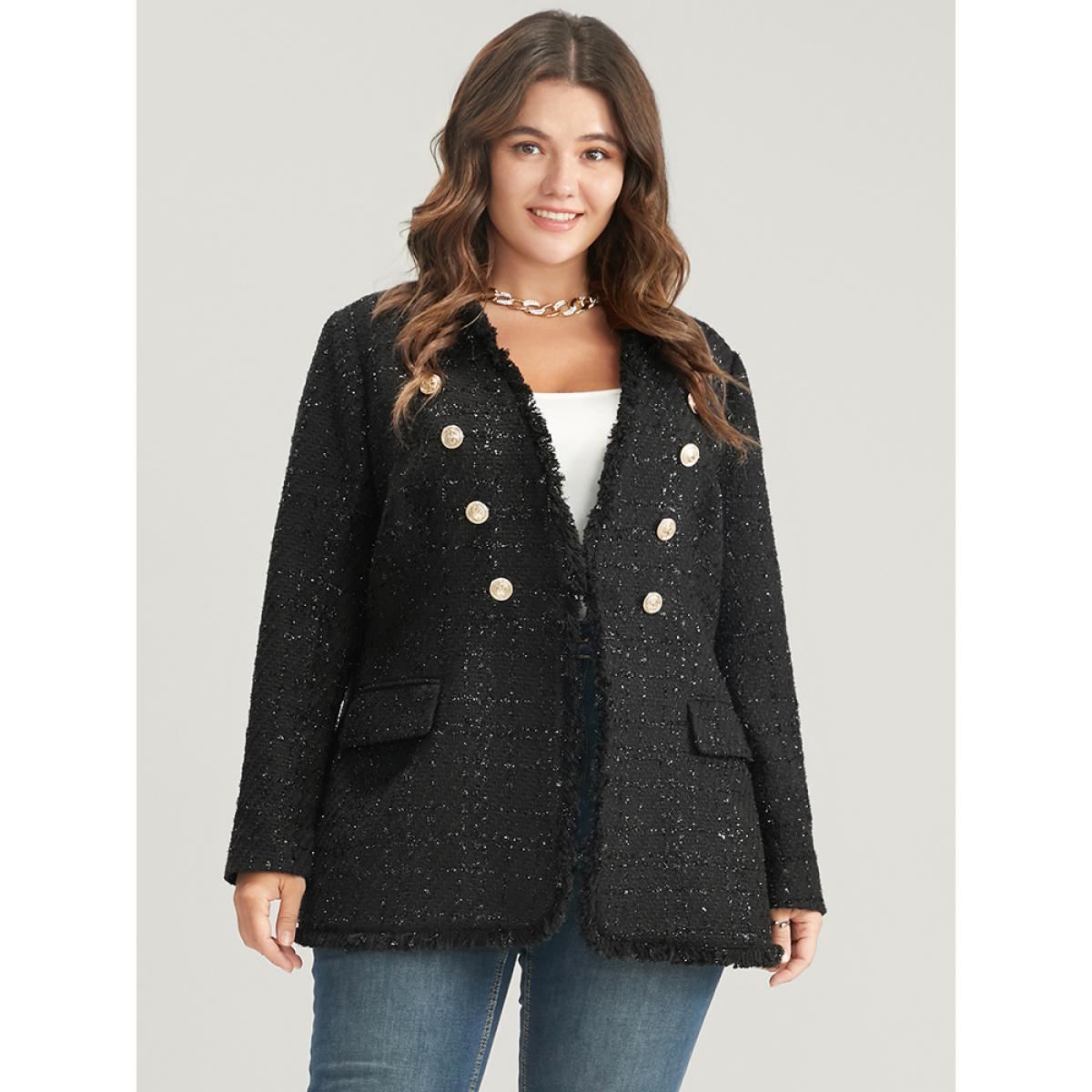 Plus Size Solid Flap Pocket Button Detail Blazer Black Women Going out Plain Button Sleeve Long Sleeve V-neck 18-20/2X Pocket Party Blazers BloomChic Product Image
