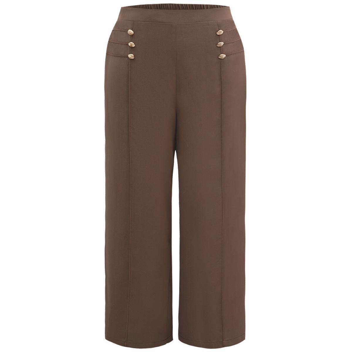 Plus Size Static-Free Button Detail Seam Detail Elastic Waist Pants Women Tan At the Office Wide Leg High Rise Work Pants BloomChic 22-24/3X Product Image