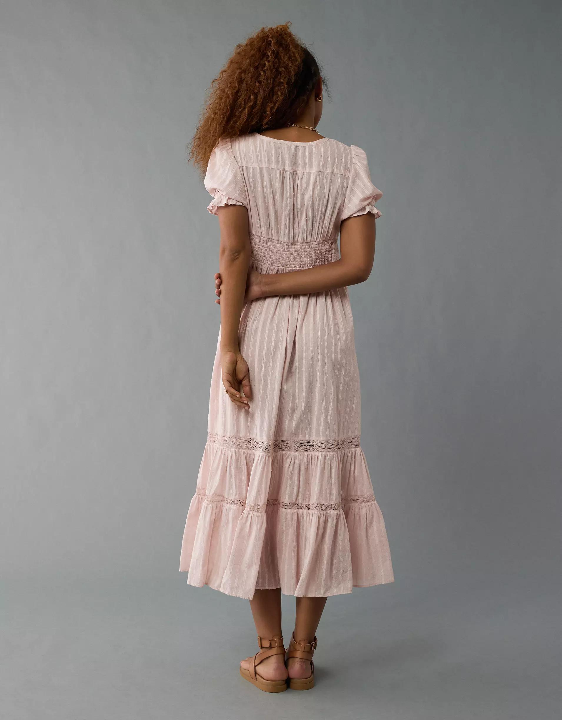 AE Lace Puff-Sleeve Button-Up Midi Dress Product Image