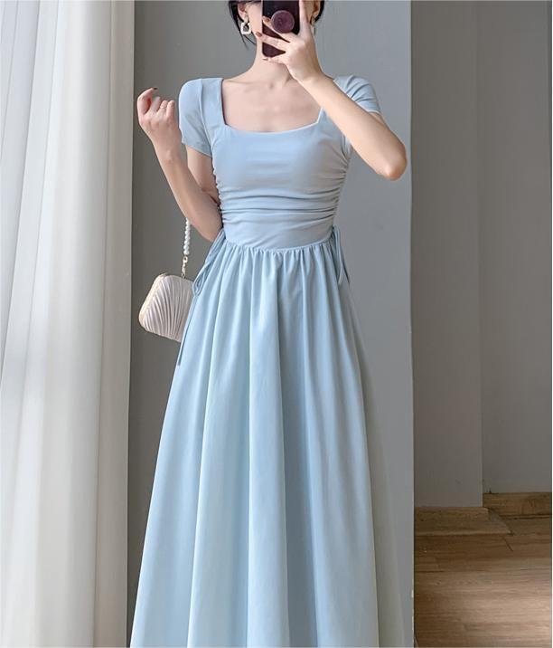Short Sleeve Square-Neck Plain Side-Drawstring slim-Fit Maxi A-Line Dress Product Image