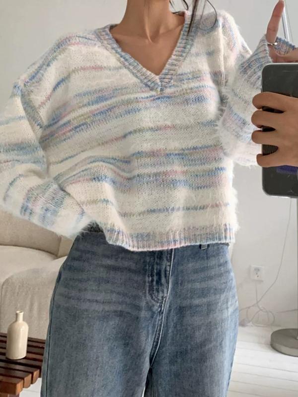 Colorful Striped V Neck Short Knit Sweater Product Image