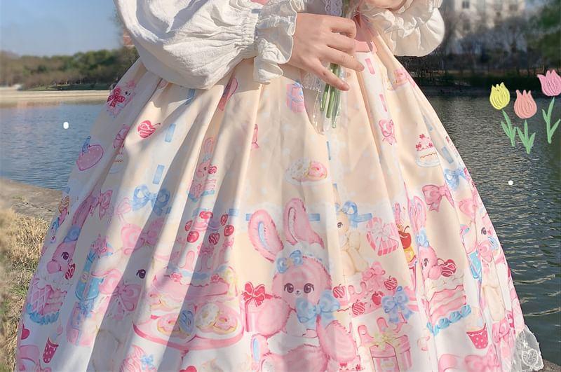 Rabbit Print Lace Ruffle Midi Lolita Pinafore Dress / Petticoat Product Image