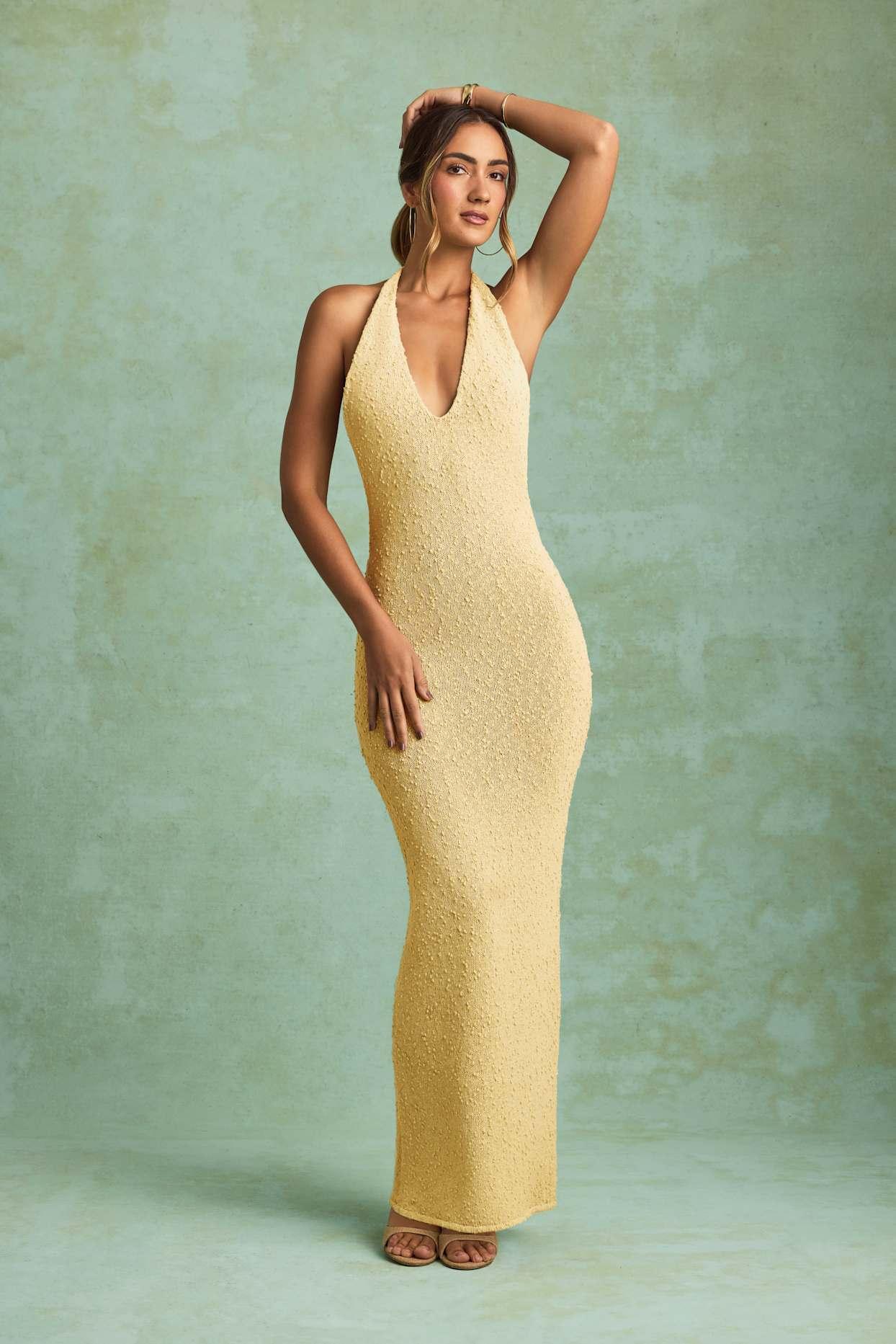 Bouclé Halterneck Maxi Dress in Yellow Product Image