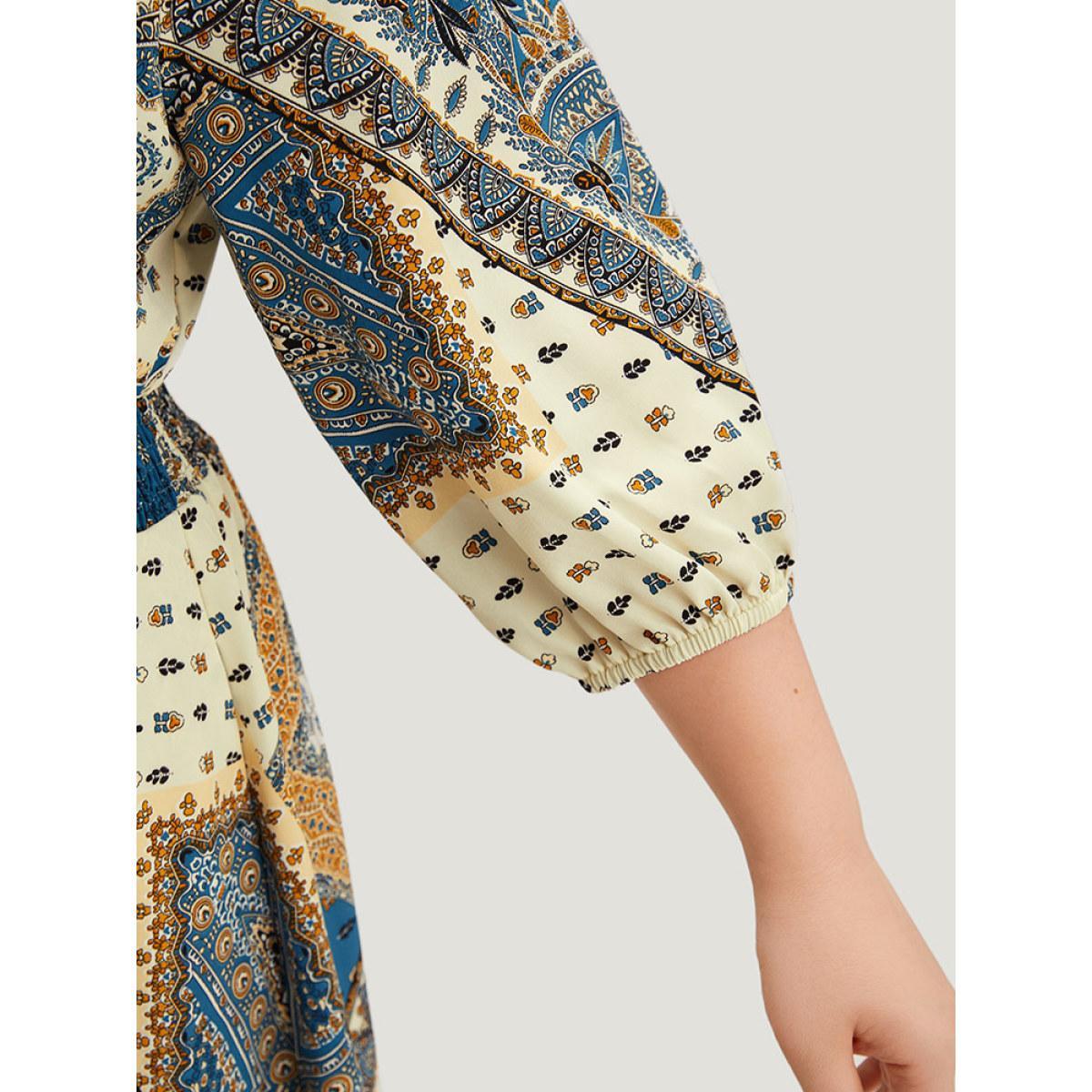 Plus Size Bandana Print Notched Lantern Sleeve Dress Cerulean Women Vacation Elastic cuffs Notched collar Elbow-length sleeve Curvy Midi Dress BloomChic 14-16/1X Product Image