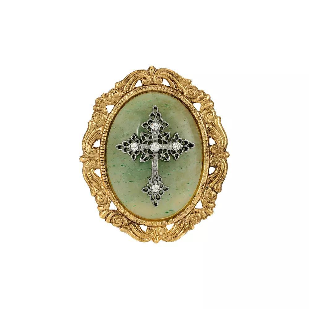 Symbols Of Faith Gold Tone Crystal Cameo Cross Brooch, Womens, Green Product Image