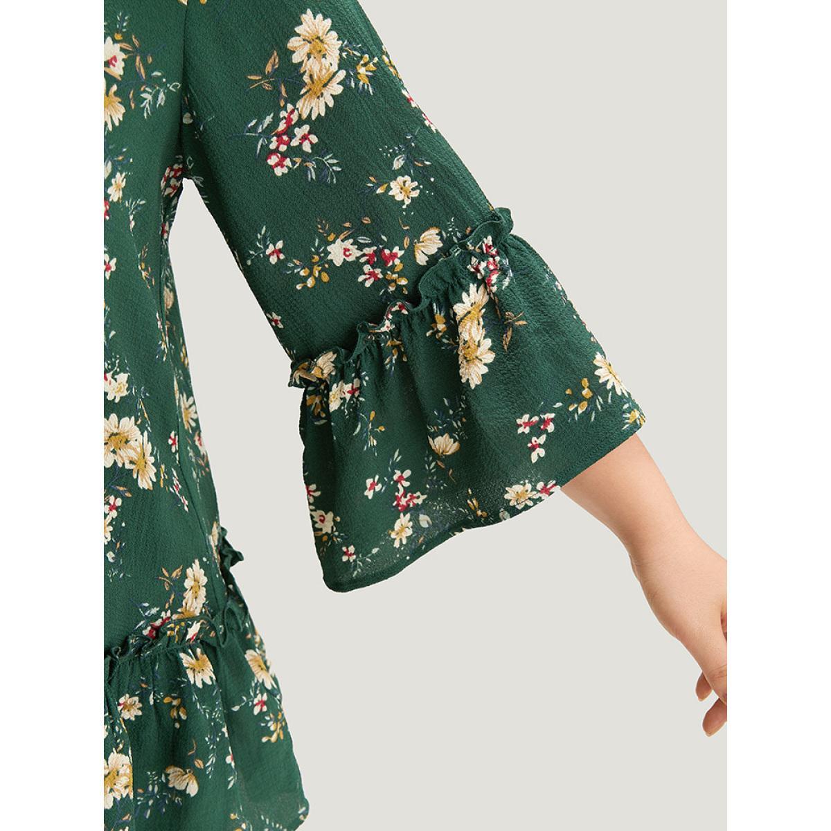 Plus Size DarkGreen Floral Print Knot Neck Ruffle Trim Blouse Women Elegant Elbow-length sleeve Tie Neck Dailywear Blouses BloomChic 18-20/2X Product Image