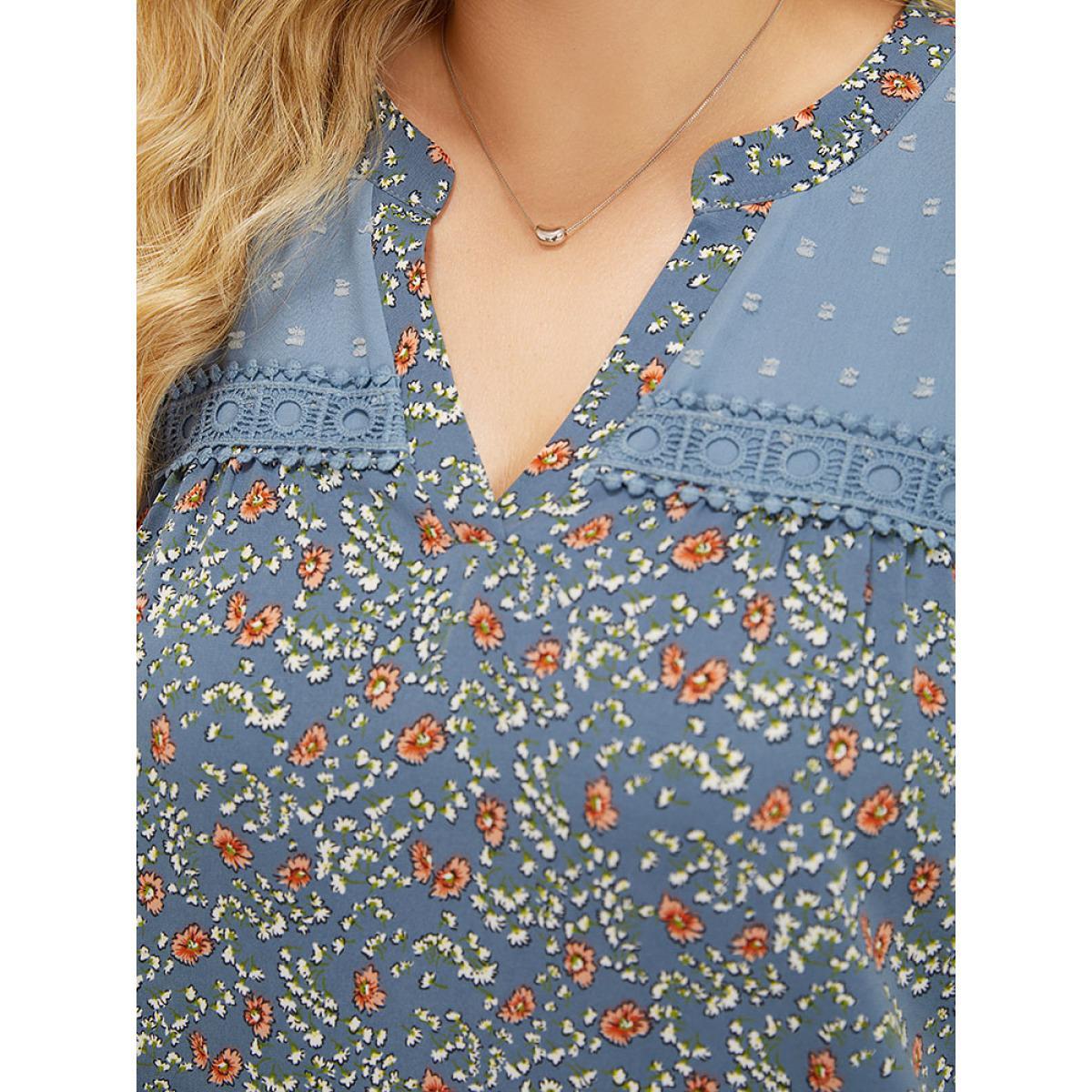 Plus Size Stone Ditsy Floral & Polka Dot Lace Notched Neck Blouse Women Elegant Short sleeve Notched collar Dailywear Blouses BloomChic 26/4X Product Image