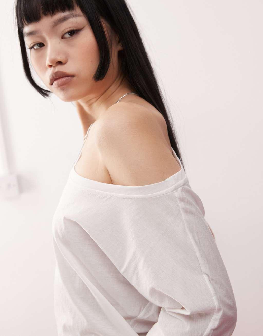 Motel daman off-shoulder t-shirt in white Product Image