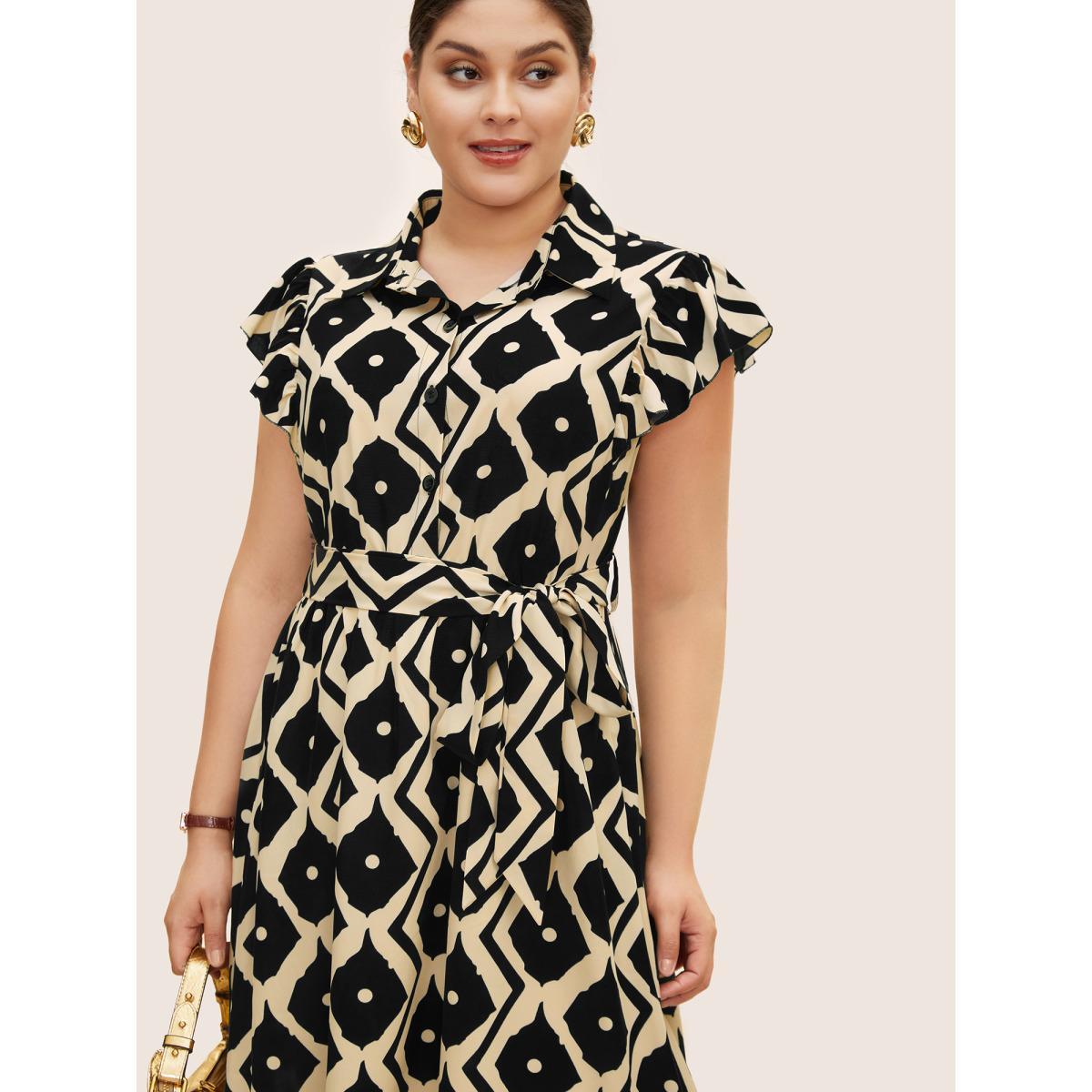 Plus Size Shirt Collar Geometric Ruffle Cap Sleeve Dress Black Women At the Office Belted Shirt collar Cap Sleeve Curvy BloomChic 26/4X Product Image