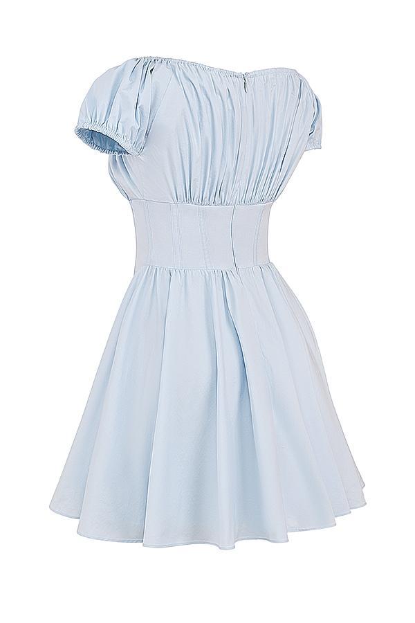 Nala Soft Blue Cotton Gathered Mini Dress Product Image