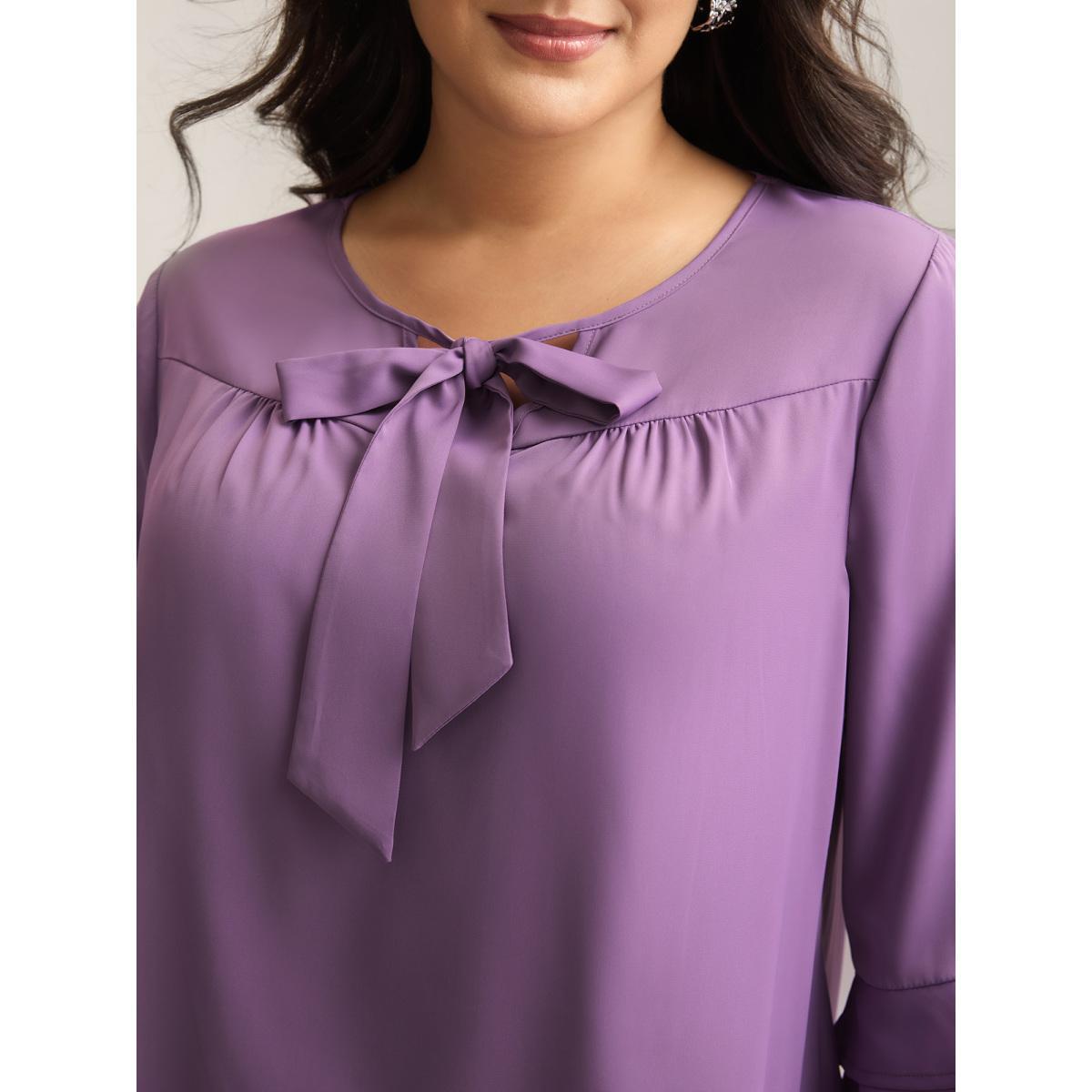 Plus Size Purple Solid Ribbon Tied Collar Bell Sleeve Blouse Women At the Office Elbow-length sleeve Ribbon-tied collar Work Blouses BloomChic 22-24/3X Product Image