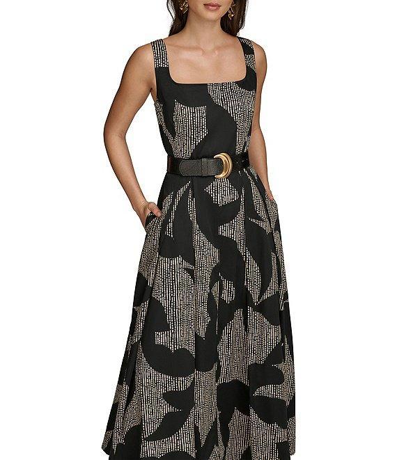 Donna Karan Sleeveless Square Neck A-Line Belted Midi Dress Product Image
