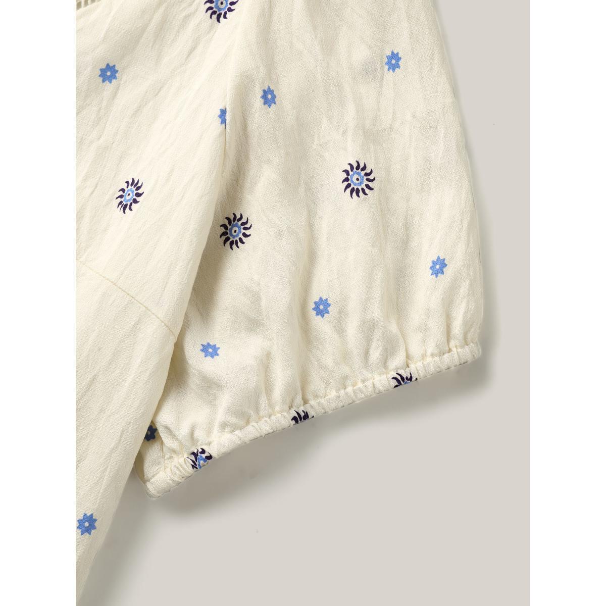 Plus Size LightBlue Boho Print Notched Collar Blouse Women Short sleeve Flat collar with V-notch Vacation Blouses BloomChic 14-16/1X Product Image