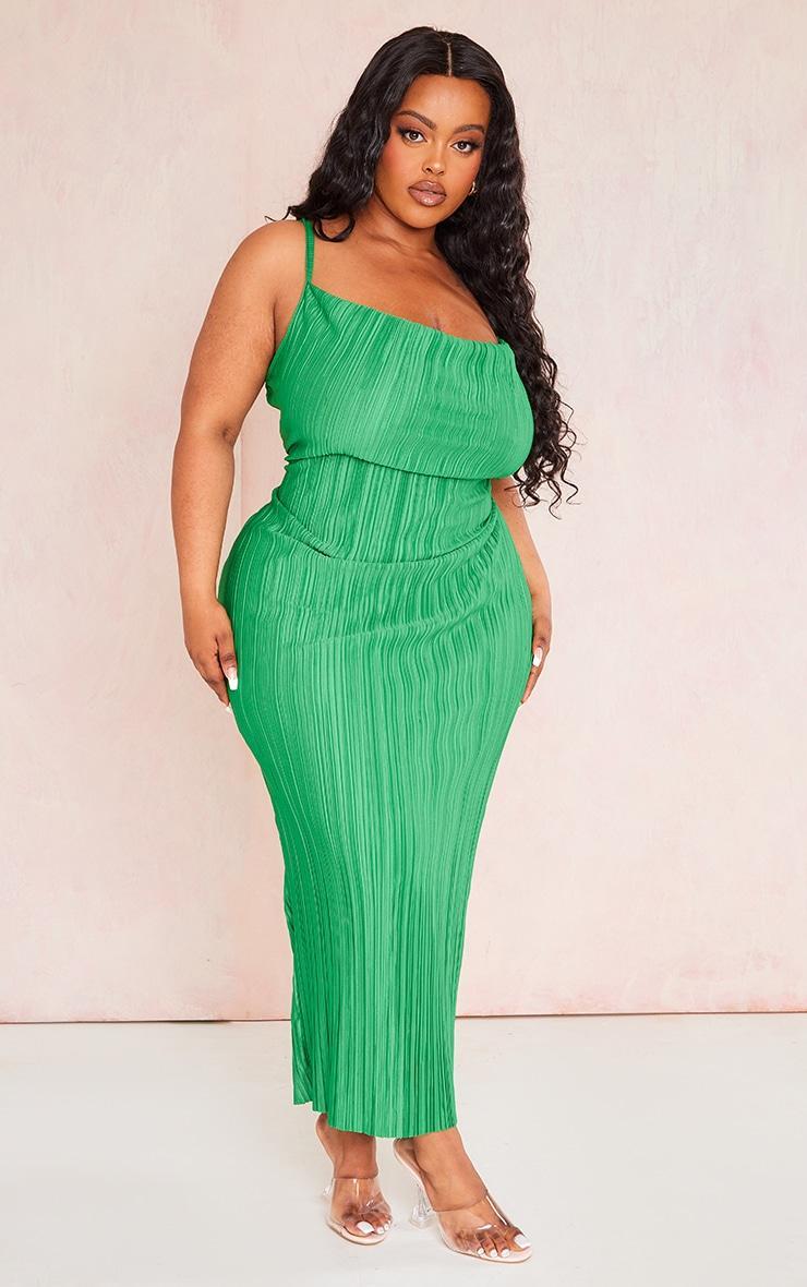  Plus Green Abstract Plisse Strappy Midi Dress Product Image