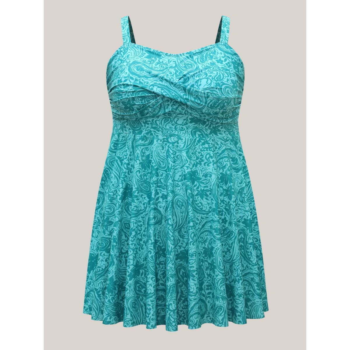 Plus Size Paisley Print Twist Front Swim Dress Women's Swimwear Turquoise Beach Bodycon U-neck High stretch Curve Swim Dresses BloomChic 12/L Product Image
