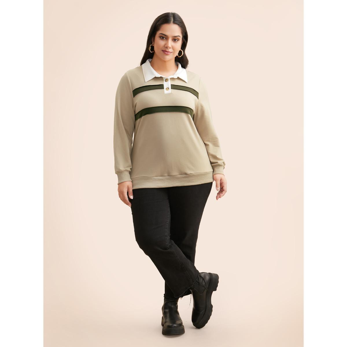 Plus Size Patchwork Contrast Button Up Sweatshirt Women Champagne Casual Contrast Shirt collar Everyday Sweatshirts BloomChic 22-24/3X Product Image