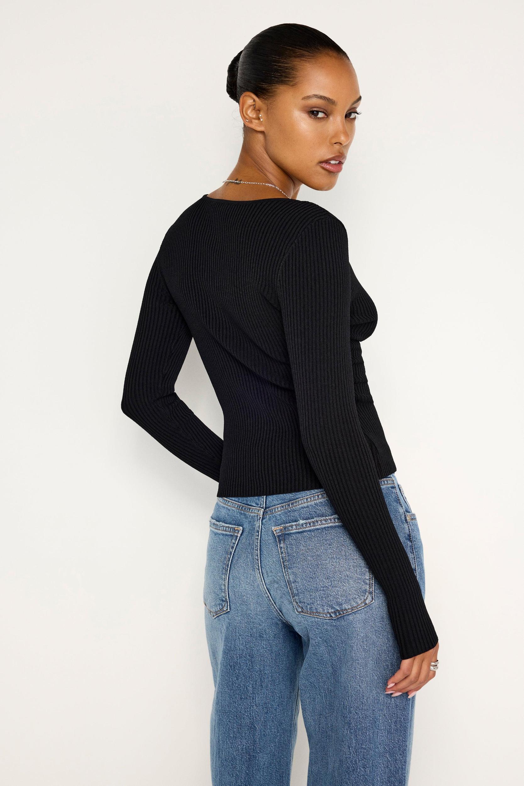 STRETCH RIB KNIT SWEATER | BLACK001 Product Image