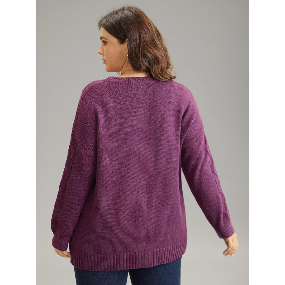 Plus Size Plisse Floral Solid Elastic Cuffs Pullover Purple Women Casual Loose Long Sleeve Round Neck Dailywear Pullovers BloomChic 28/5X Product Image