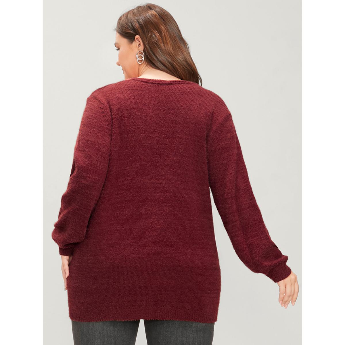 Plus Size Solid Soft Plush Knit Crossover Hem Knit Top Scarlet Women Elegant Loose Long Sleeve Overlap Collar Dailywear Pullovers BloomChic 12/L Product Image